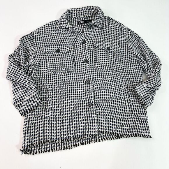 Zara Jacket Women's Medium Blue & White Button Down Houndstooth Raw Hemline - Picture 1 of 9